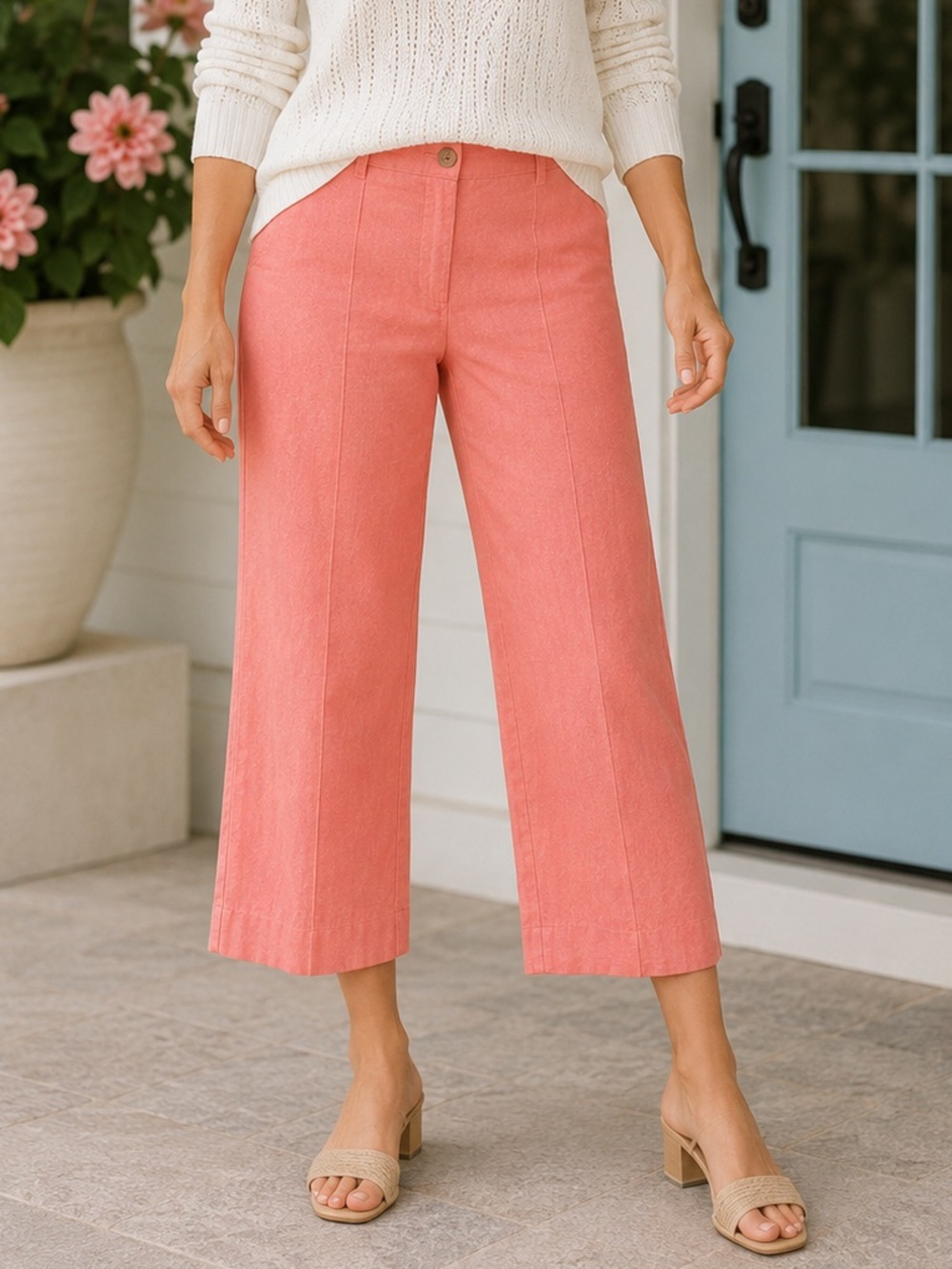 Liz Claiborne LizSport Michaela Linen Blend Cropped Pants Coral Pink 6 Coastal